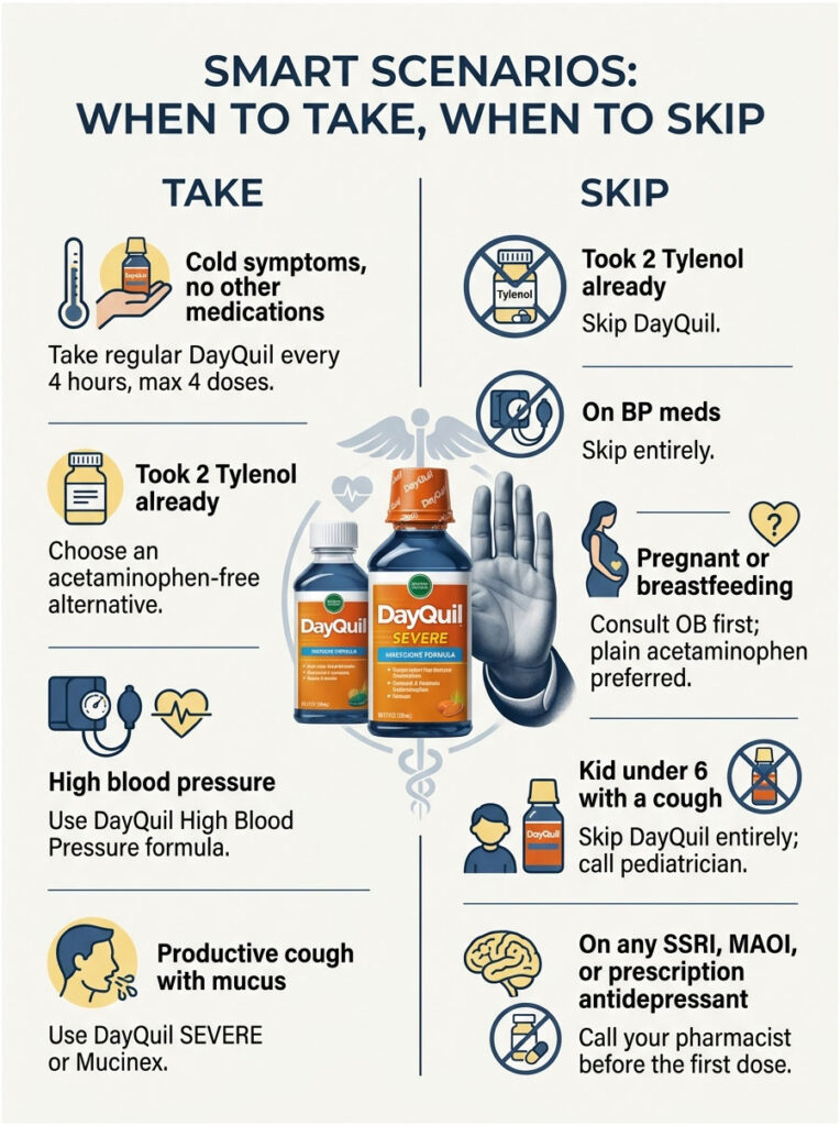 Infographic showing when to take or skip DayQuil based on symptoms and medications, featuring icons and text.