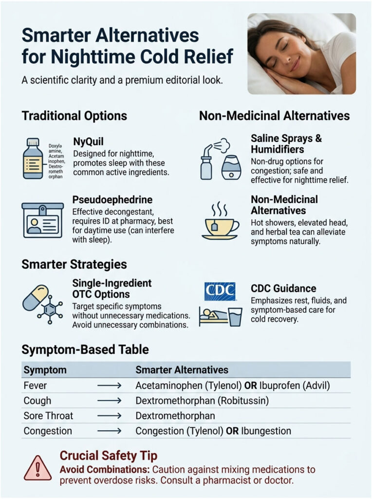 Infographic showing nighttime cold relief options, including medications and non-medicinal alternatives with icons.