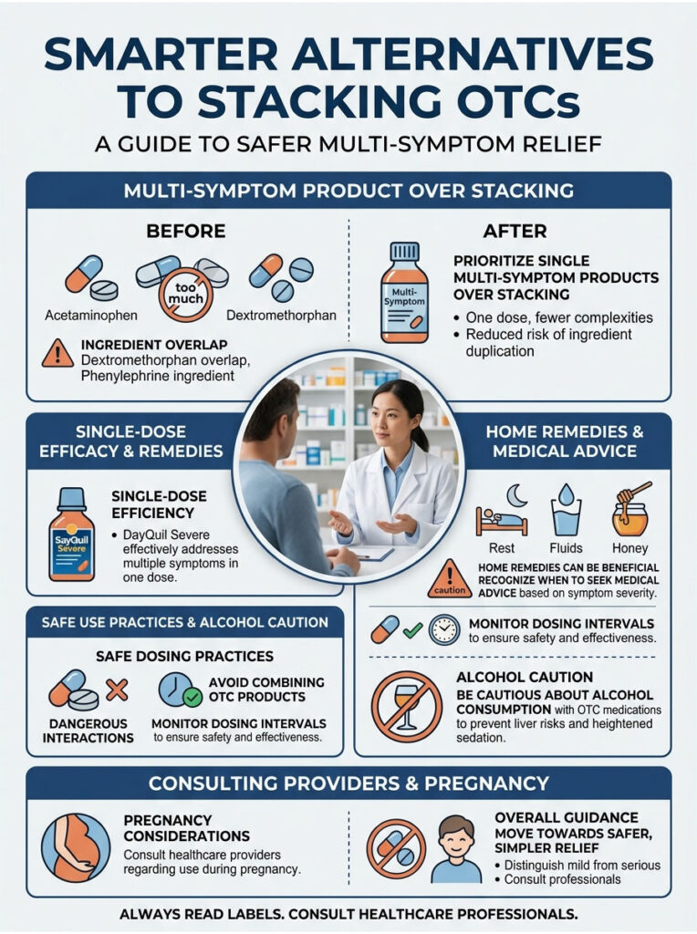 Infographic on safer multi-symptom relief, featuring charts, icons, and advice on OTC medications and home remedies.