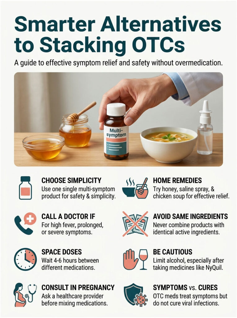 Infographic showing tips for safe symptom relief, including multi-symptom products and home remedies.