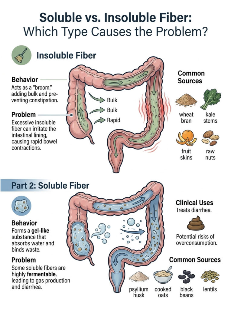 Infographic comparing soluble and insoluble fiber with diagrams, behaviors, problems, and common sources.