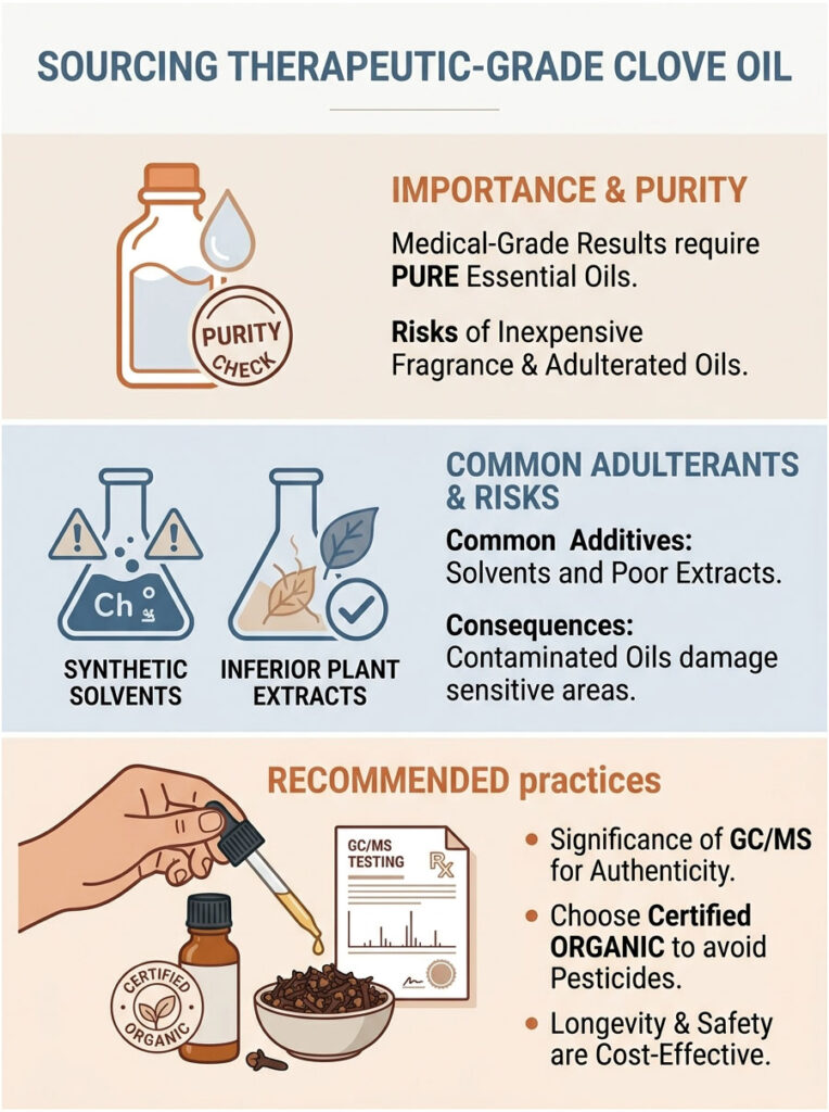 Infographic on sourcing therapeutic-grade clove oil, detailing purity, risks, and recommended practices.