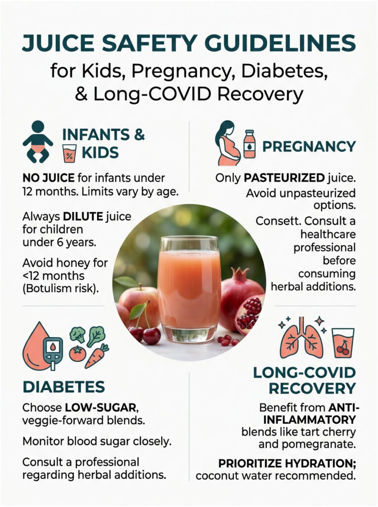 Infographic detailing juice safety guidelines for kids, pregnancy, diabetes, and long-COVID recovery with illustrations.