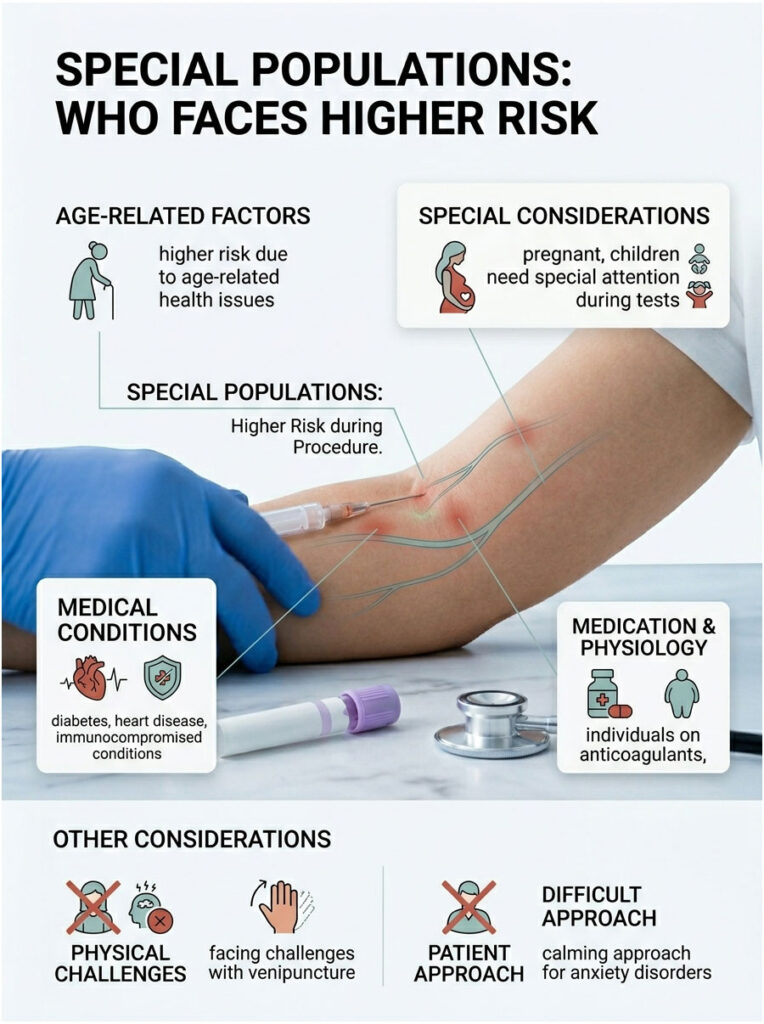 Infographic detailing special populations at higher risk during medical procedures, including age-related factors and medical conditions.