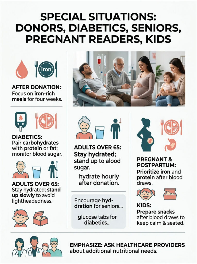 Infographic detailing dietary advice for donors, diabetics, seniors, pregnant readers, and kids after blood donation.