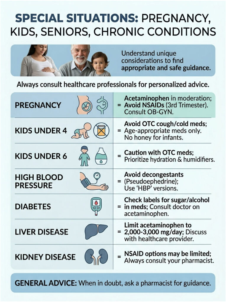 Infographic detailing medication guidance for pregnancy, kids, seniors, and chronic conditions with icons and text.