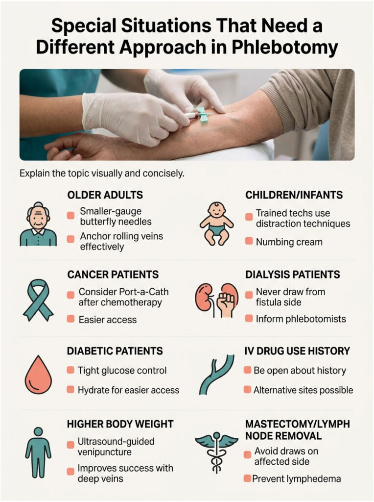 Infographic detailing special phlebotomy approaches for older adults, children, cancer patients, and more.