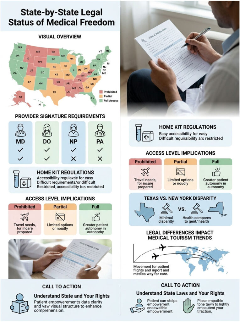 Map showing state-by-state legal status of medical freedom with icons and data on regulations and access levels. Infographic.