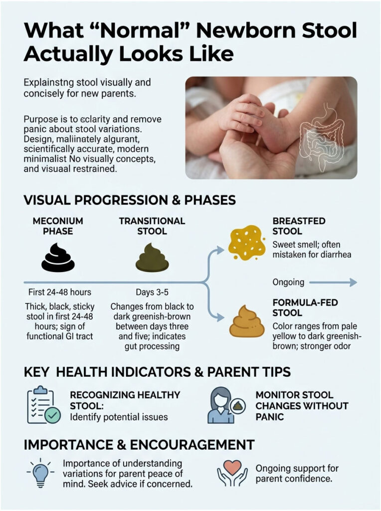 Infographic explaining normal newborn stool phases with visuals and key health indicators for parents.
