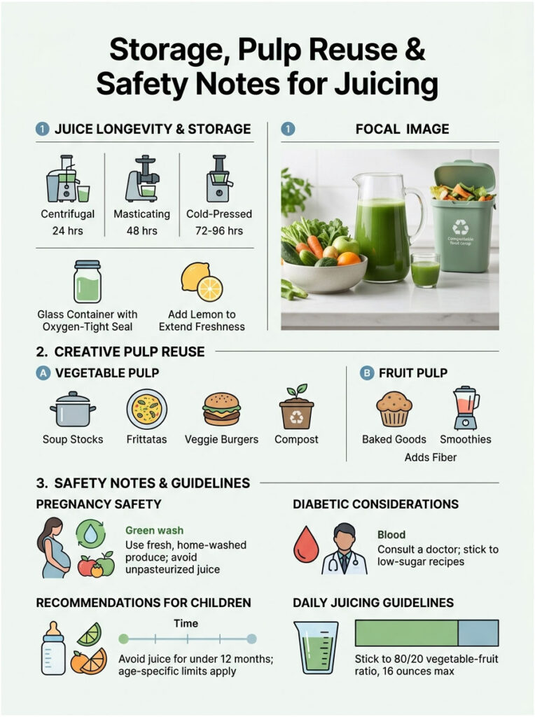 Infographic detailing juice longevity, pulp reuse, and safety notes for juicing with illustrations and guidelines.