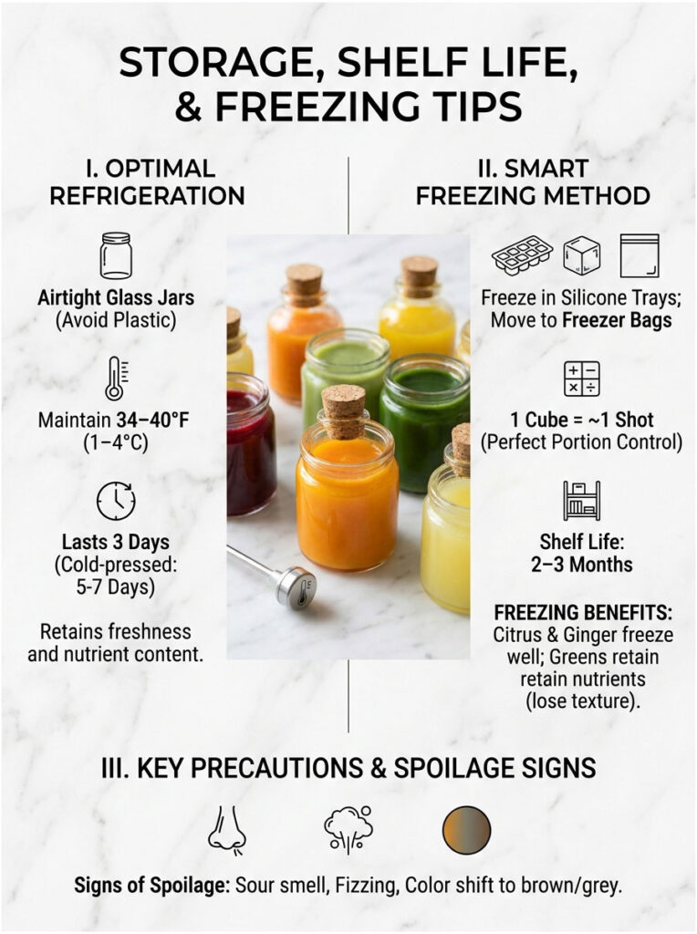 Infographic showing storage, shelf life, and freezing tips for juices with colorful jars and icons.