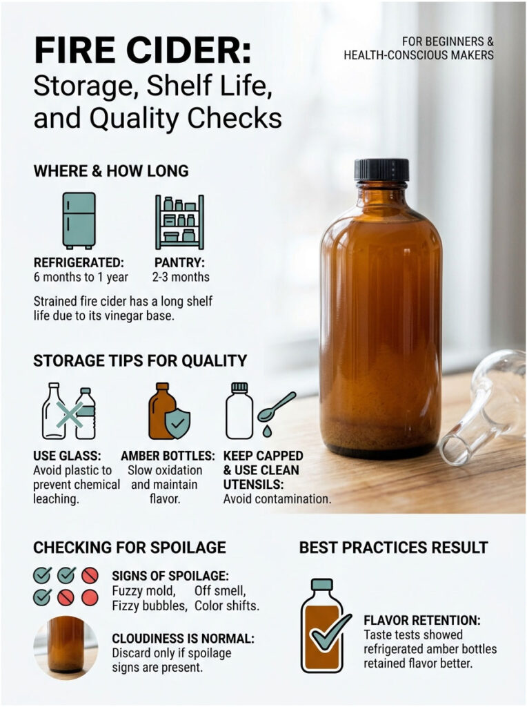Infographic detailing Fire Cider storage, shelf life, and quality checks with icons and text instructions.