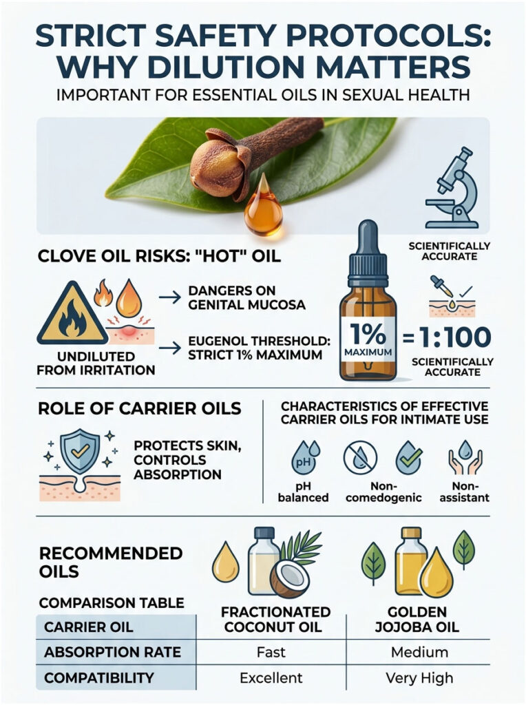 Infographic detailing clove oil risks, carrier oils, and recommended oils for essential oils in sexual health.