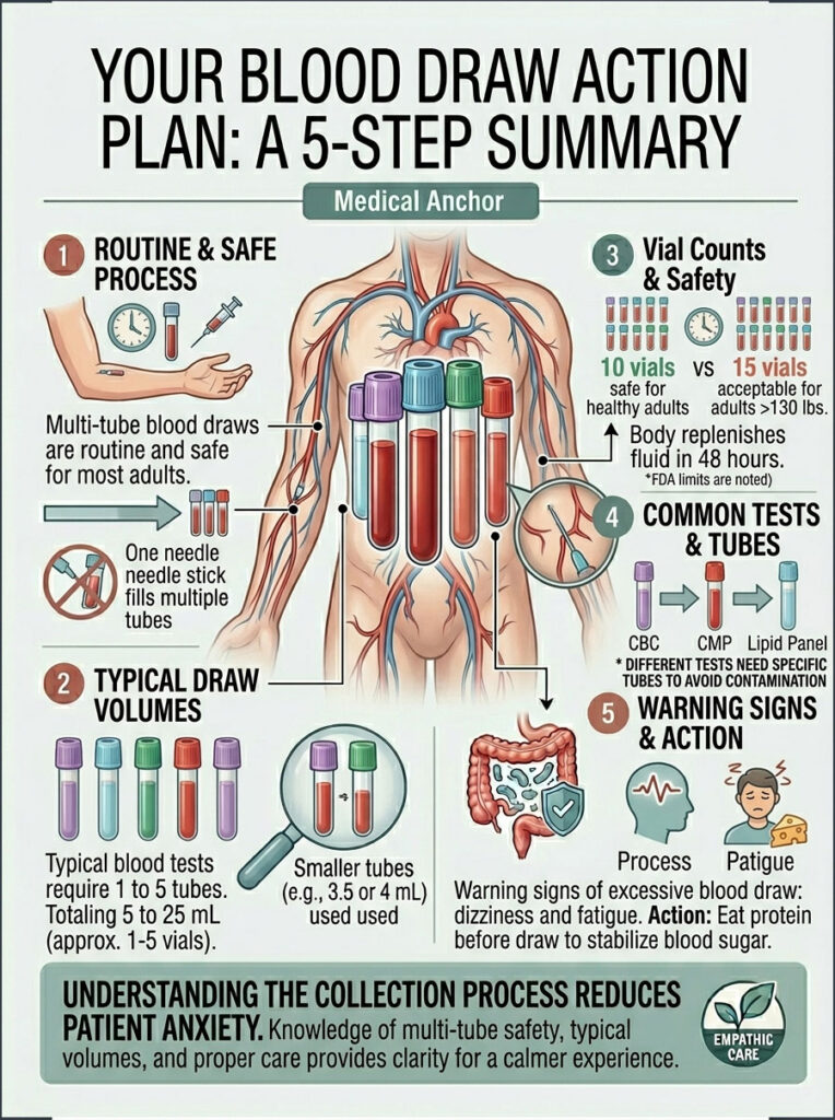Infographic detailing a 5-step blood draw action plan with illustrations, charts, and safety tips for patients.