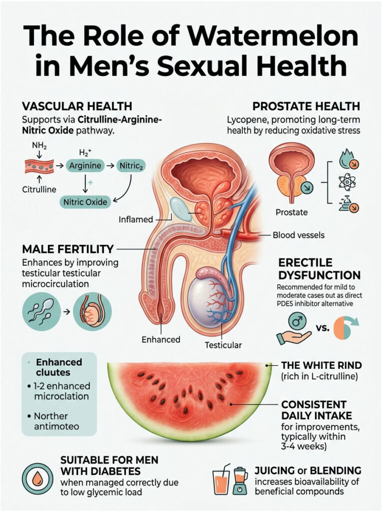 Infographic illustrating watermelon’s benefits for men's sexual health, including vascular health and fertility.