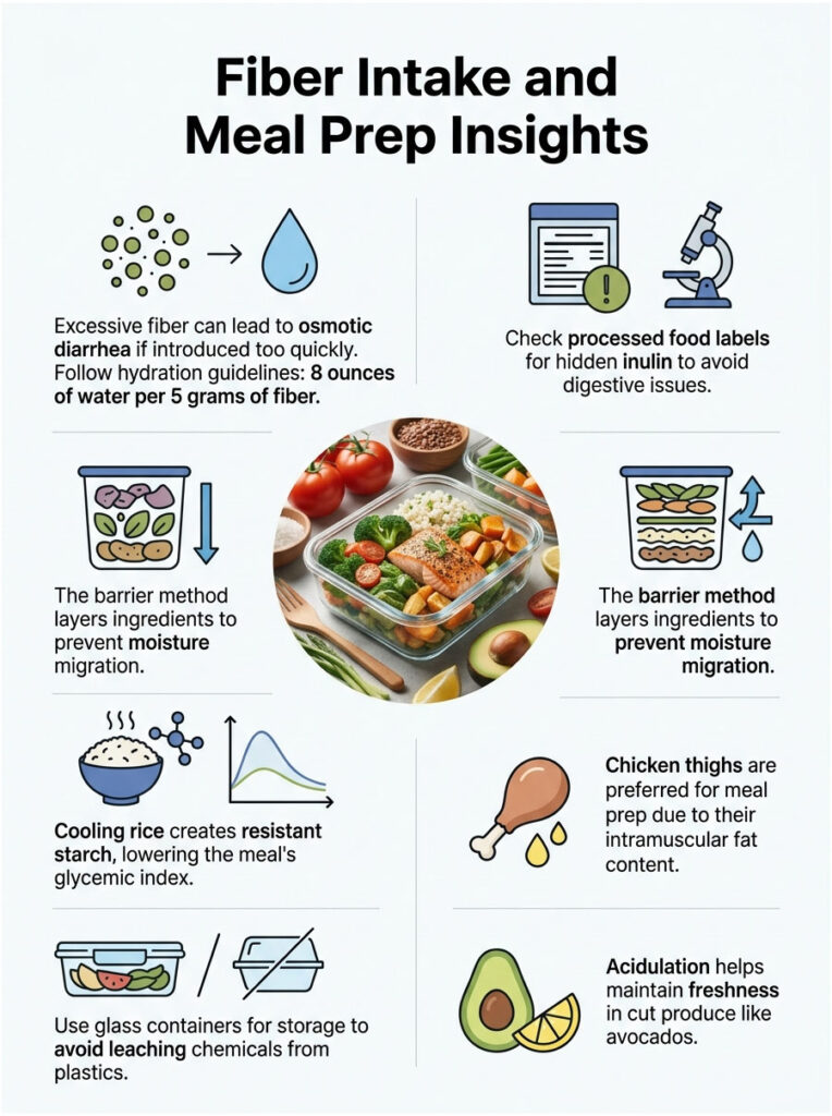 Infographic showing fiber intake tips, meal prep insights, hydration guidelines, and food storage methods.