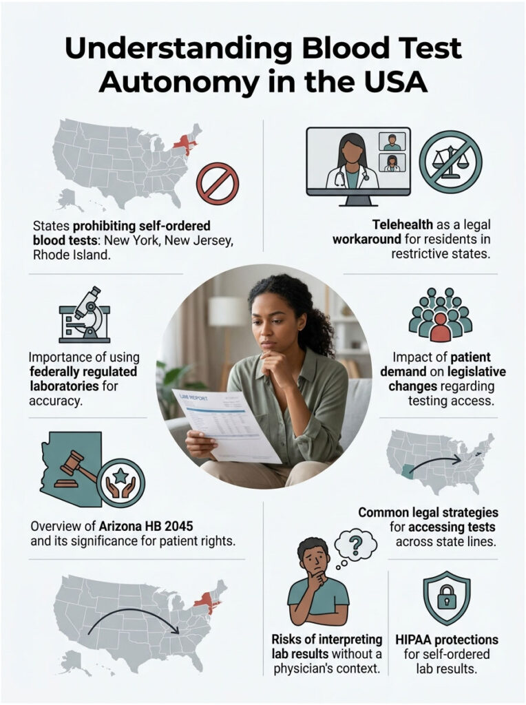 Infographic on blood test autonomy in the USA, showing states, telehealth, and patient rights information.