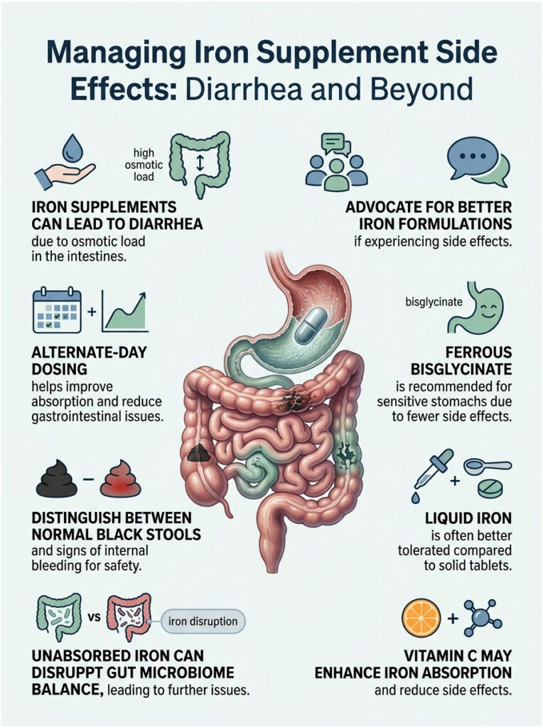 Infographic on managing iron supplement side effects, featuring illustrations of intestines and key recommendations.