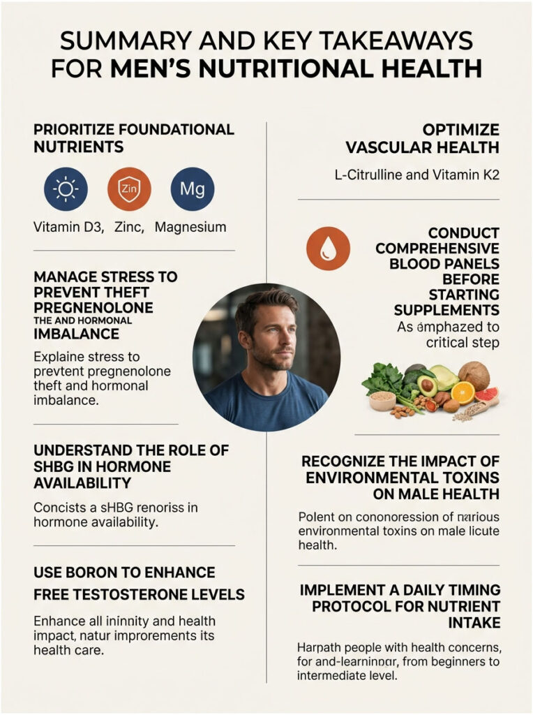 Infographic summarizing men's nutritional health, featuring key nutrients, stress management, and dietary advice.