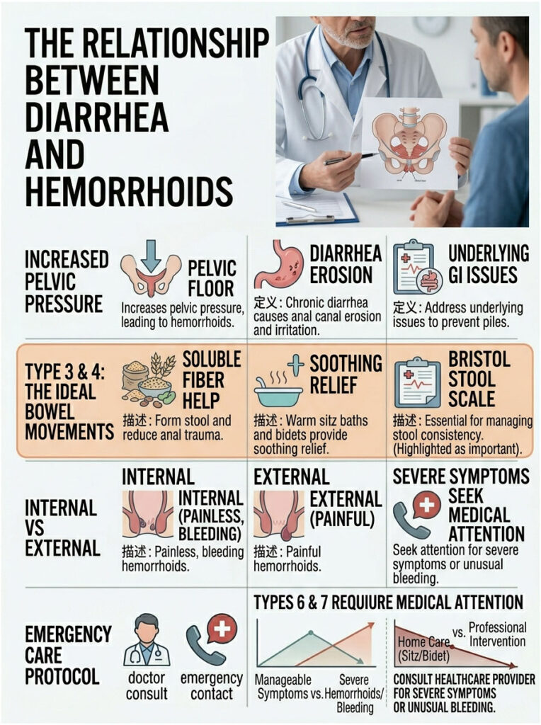 Infographic illustrating the relationship between diarrhea and hemorrhoids, featuring diagrams, text, and charts.