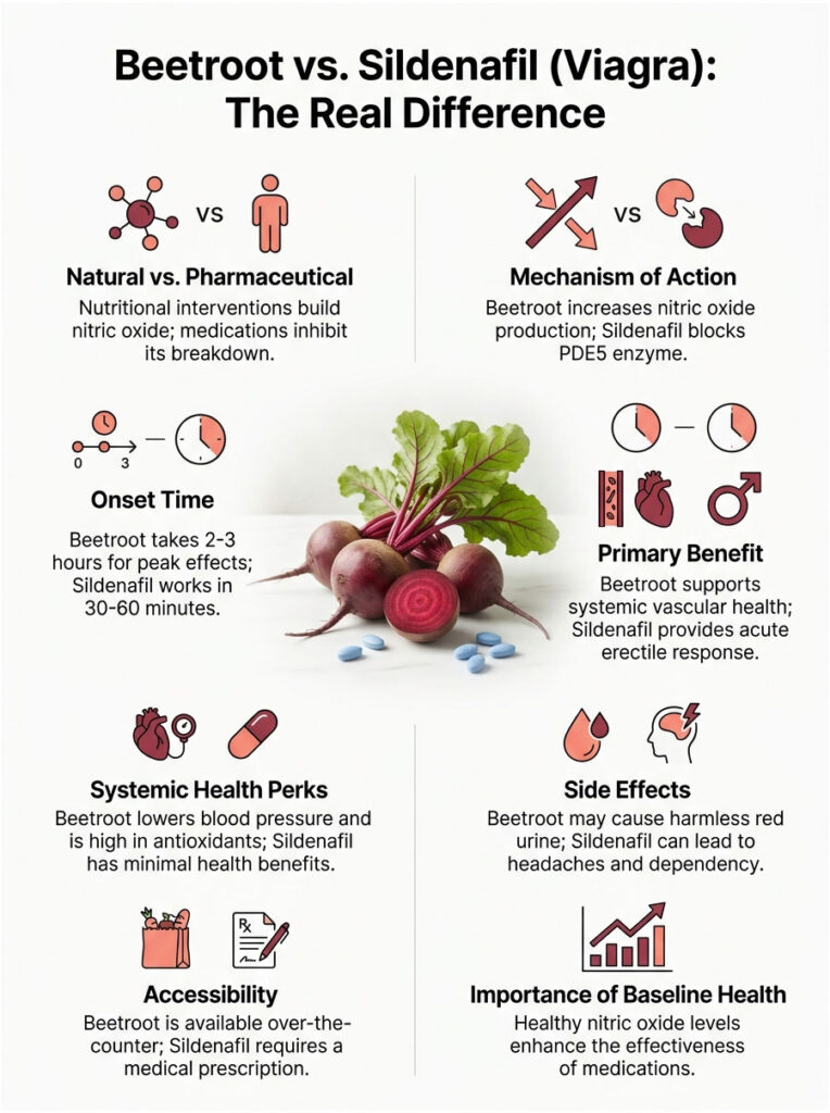 Infographic comparing beetroot and sildenafil, highlighting benefits, onset time, and side effects with illustrations.