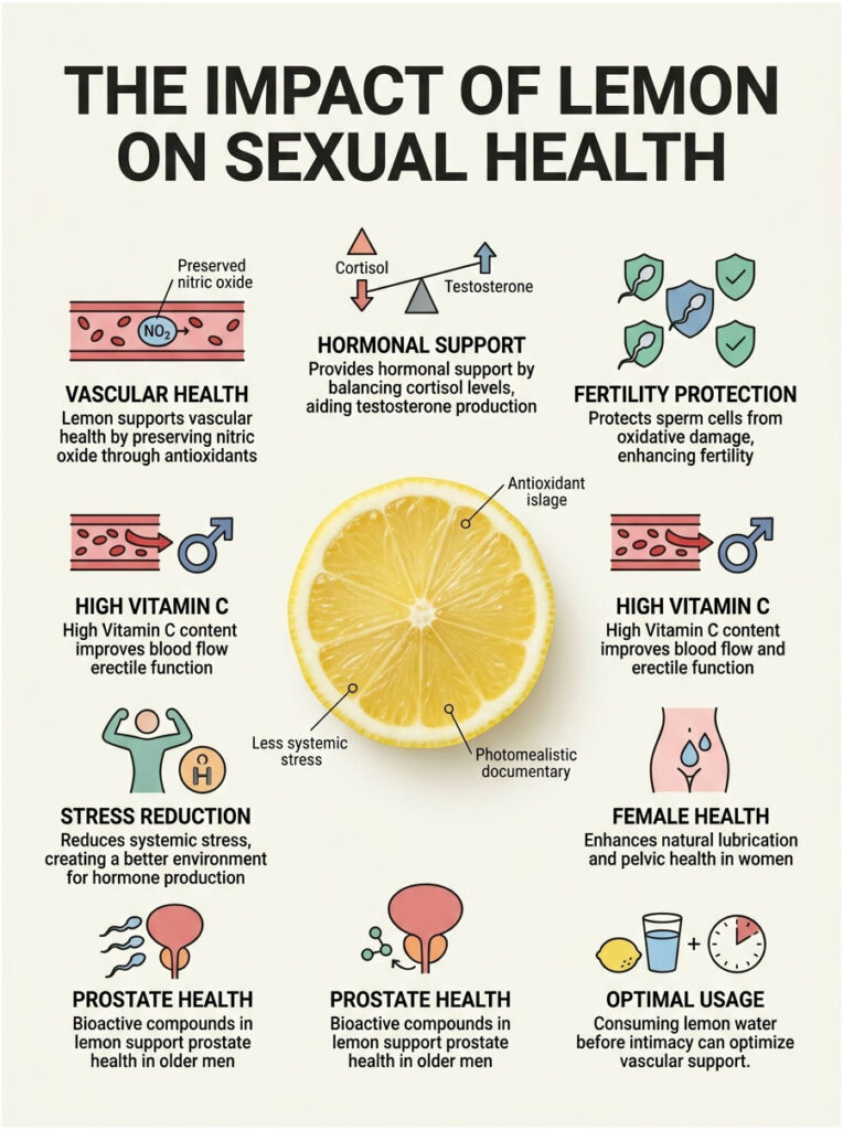 Infographic showing the impact of lemon on sexual health with sections on vascular health, hormonal support, and fertility protection.