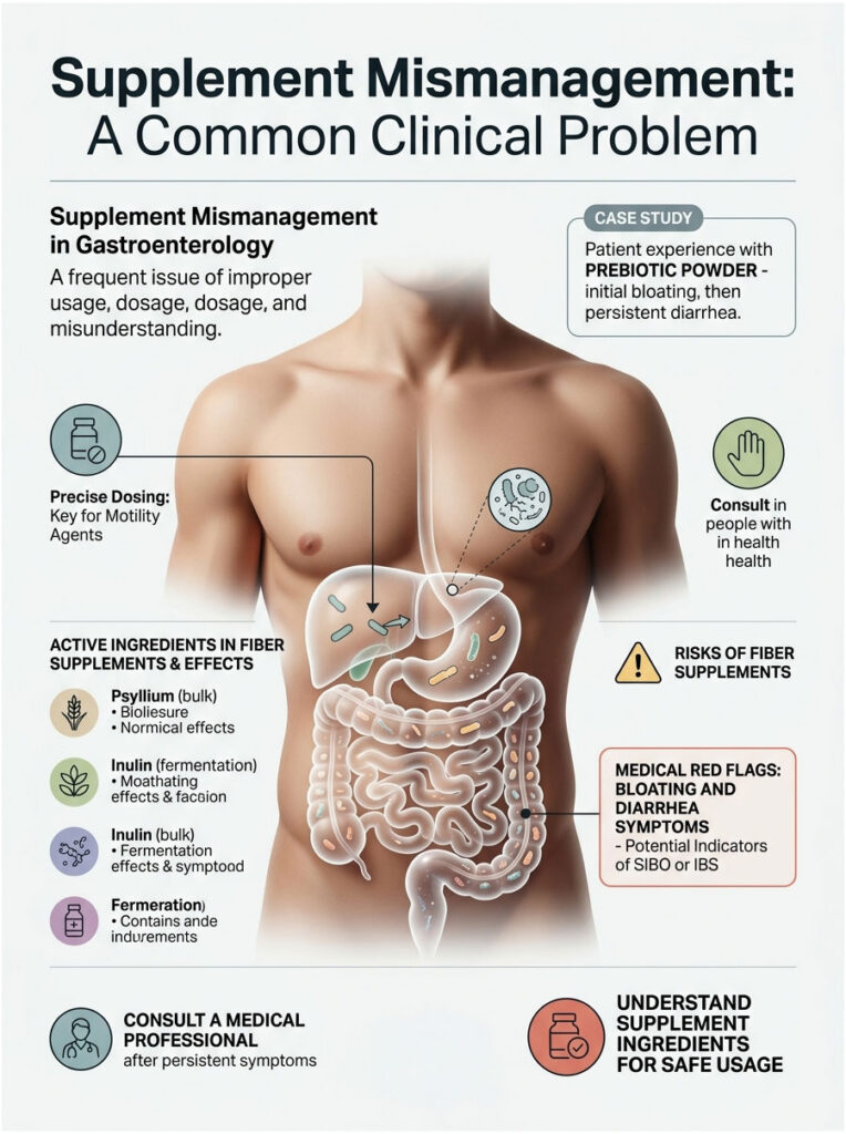 Infographic on supplement mismanagement in gastroenterology, detailing dosing, ingredients, and health risks.