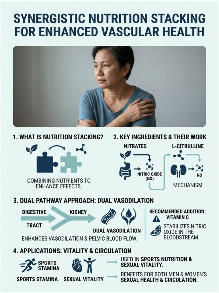 Infographic explaining synergistic nutrition stacking for vascular health, featuring key ingredients and applications.