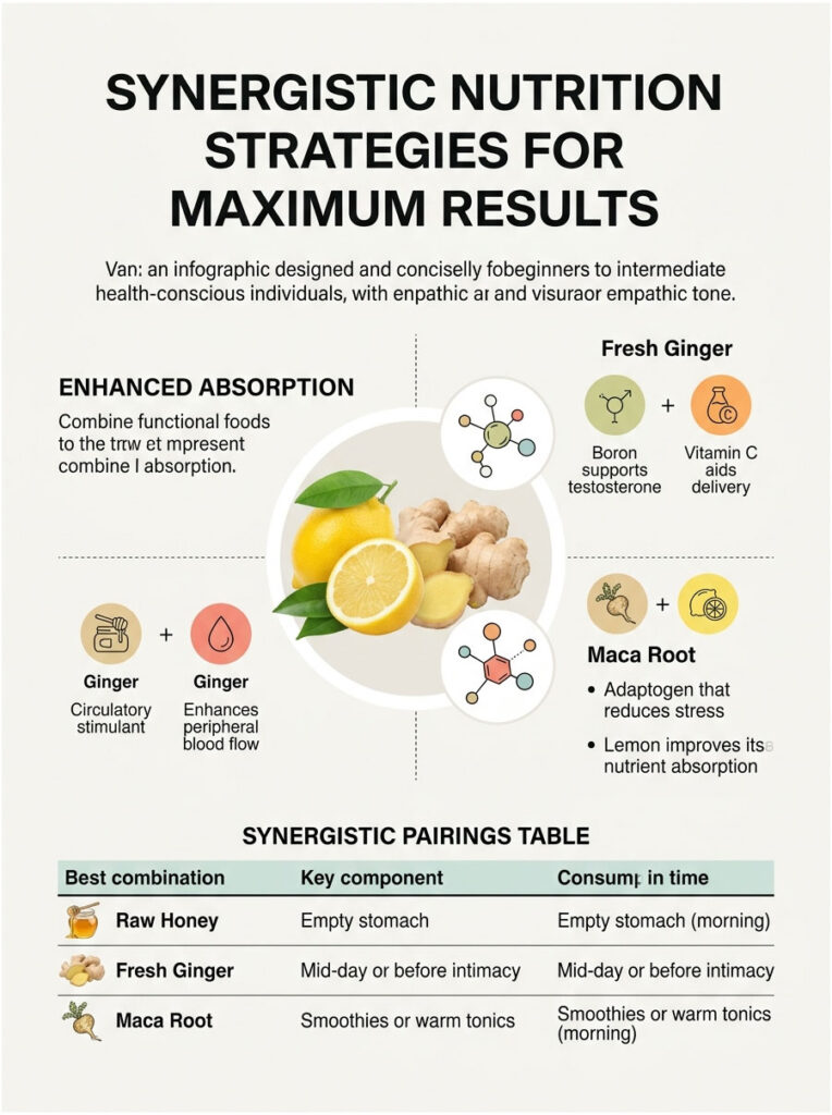 Infographic showing synergistic nutrition strategies with fresh ginger, lemon, and maca root for enhanced absorption.