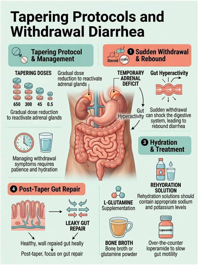 Infographic on tapering protocols and withdrawal diarrhea, showing steps, hydration, and gut repair methods.