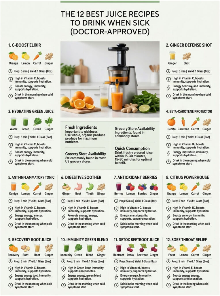 Infographic showing 12 juice recipes for sickness with ingredients, prep time, and health benefits listed.