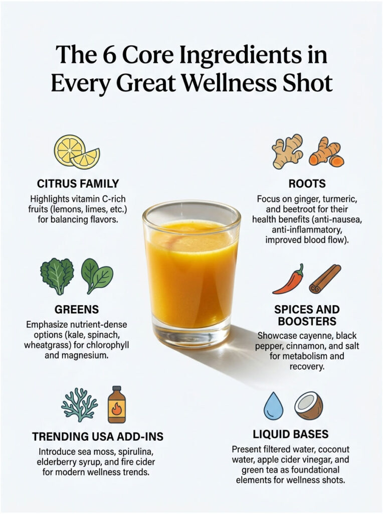 Infographic detailing six core ingredients in wellness shots, featuring icons and descriptions for each category.