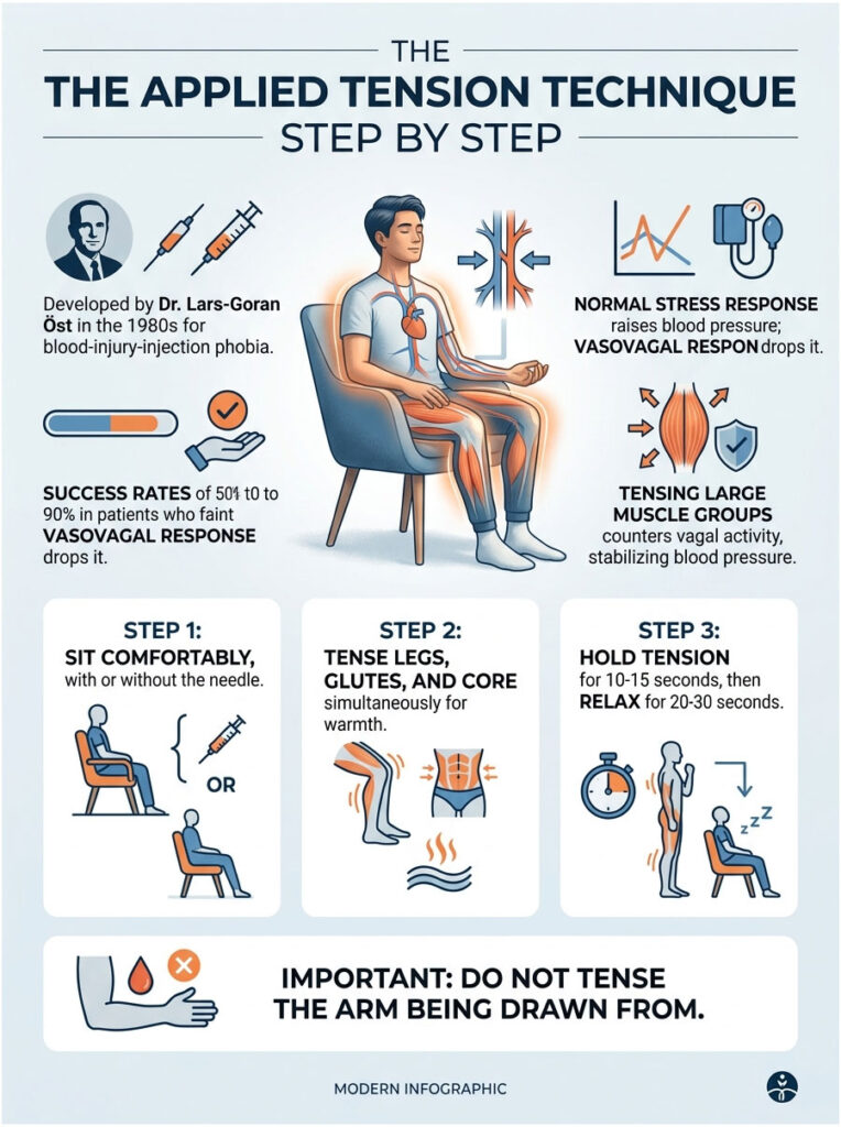 Infographic illustrating the Applied Tension Technique with steps, icons, and statistics on blood-injury phobia.