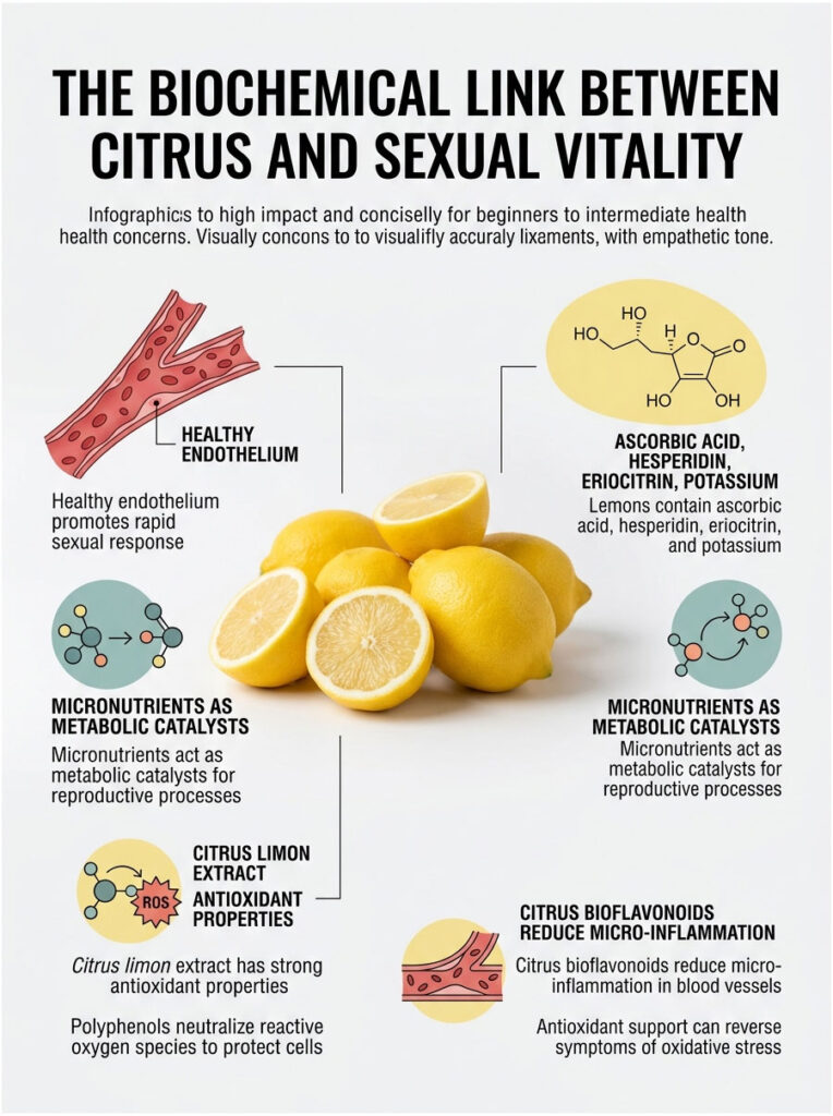 Infographic showing the biochemical link between citrus and sexual vitality with text, icons, and lemons.
