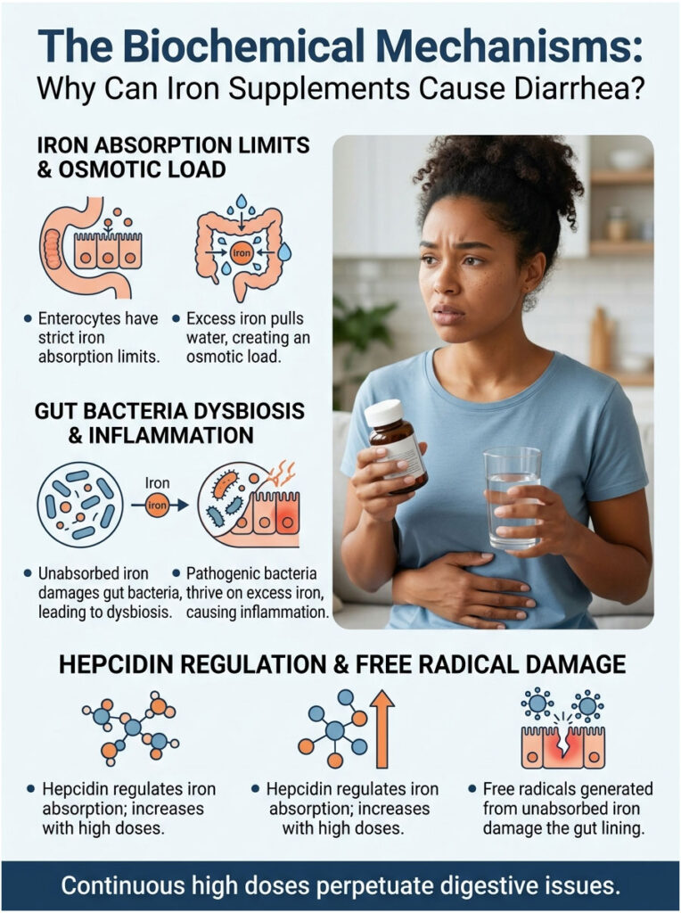 Woman holds a glass of water and iron supplements, surrounded by illustrations explaining iron absorption and gut health. Infographic.