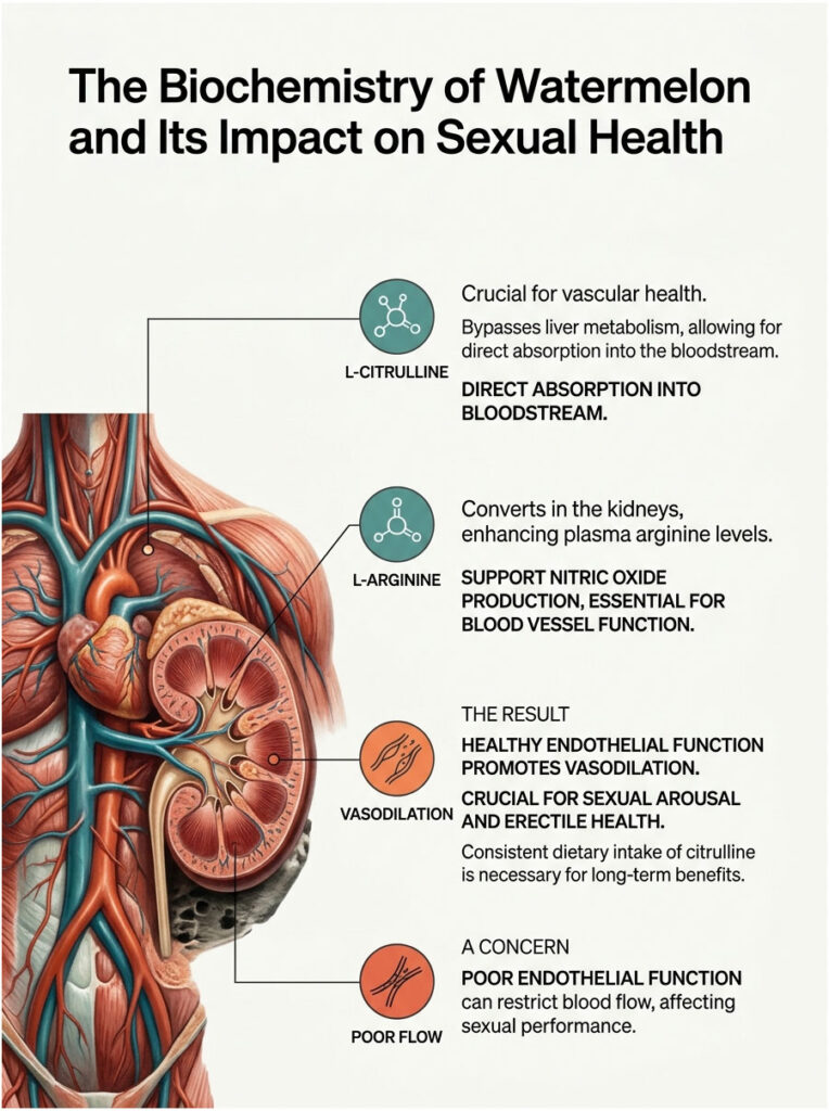 Infographic showing the biochemistry of watermelon, highlighting L-Citrulline and L-Arginine's effects on sexual health.