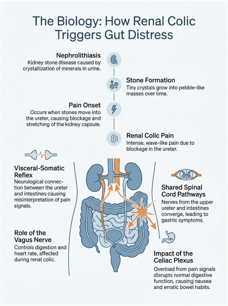 Infographic explaining renal colic, showing kidney stones, pain onset, and digestive impacts with illustrations.