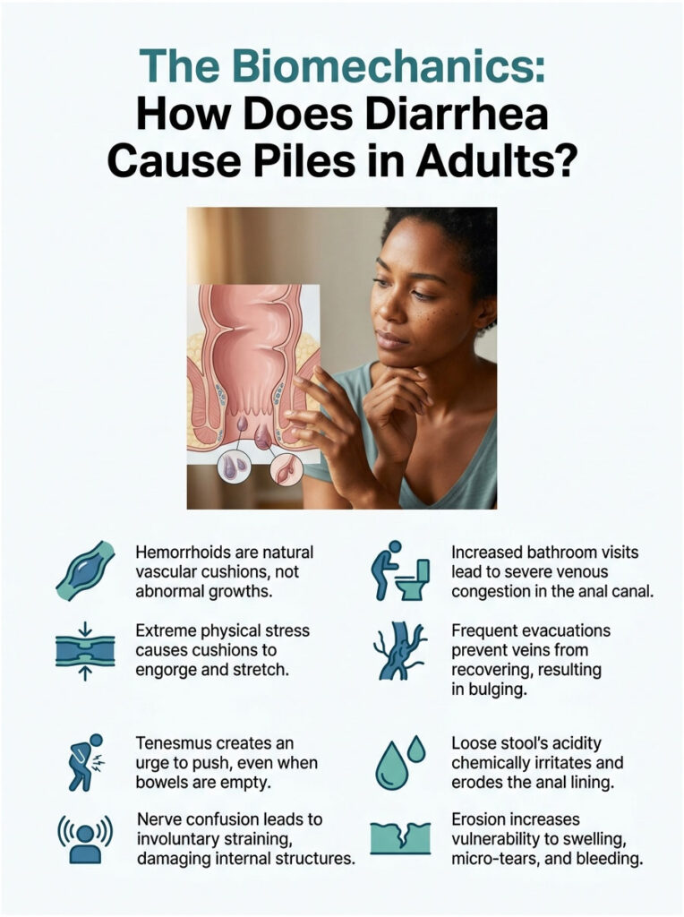 Infographic explaining how diarrhea causes piles in adults with illustrations and key points on biomechanics.