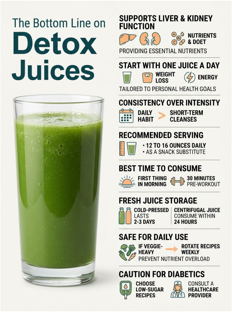 Green detox juice in a glass with tips on consumption, storage, and health benefits in text and icons. Infographic.