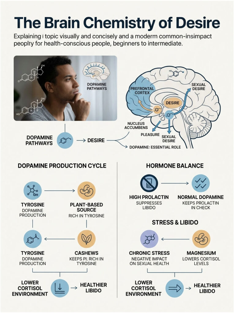 Infographic explaining brain chemistry of desire with dopamine pathways, hormone balance, and stress impact on libido.