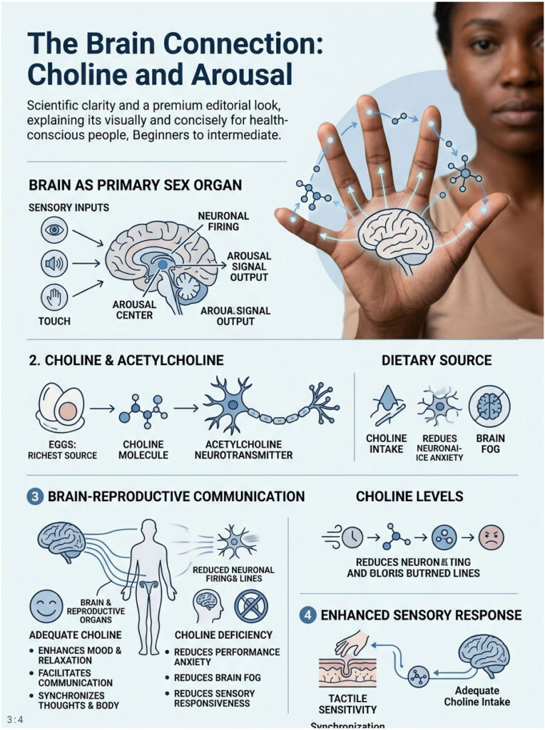 Infographic showing the brain's role in arousal, choline sources, and sensory response with illustrations and data points.