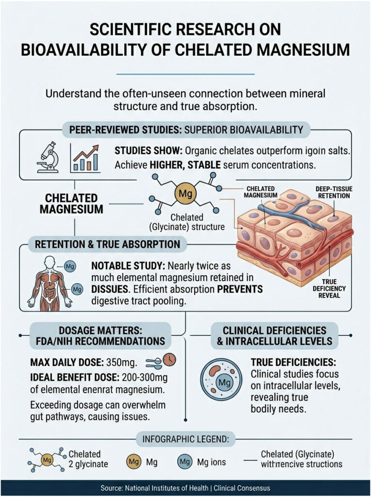Infographic on chelated magnesium bioavailability, showing studies, absorption, dosage, and deficiencies with illustrations.
