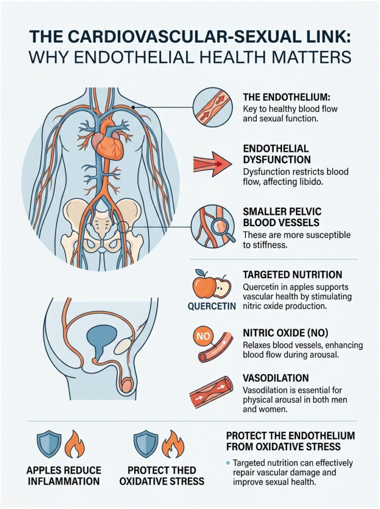 Infographic illustrating the cardiovascular-sexual link, highlighting endothelial health and nutrition benefits.
