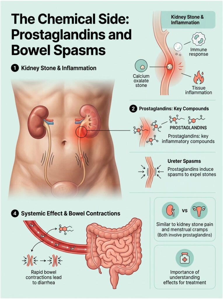 Infographic explaining kidney stones, prostaglandins, bowel spasms, and their effects on the body.