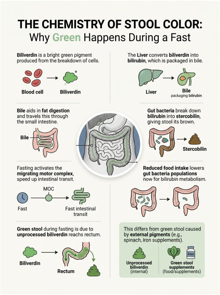Infographic explaining why green stool occurs during fasting, detailing bile, bilirubin, and gut bacteria roles.