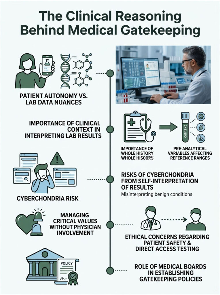 Infographic showing clinical reasoning behind medical gatekeeping with sections on patient autonomy, cyberchondria, and ethics.