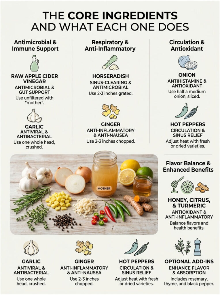 Infographic showing core ingredients like garlic, ginger, and onion with health benefits and usage instructions.