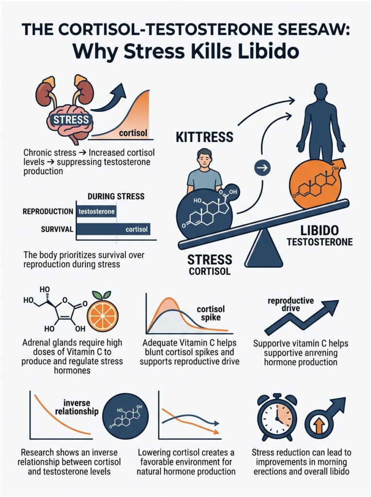 Infographic explaining cortisol and testosterone relationship, highlighting stress effects on libido and hormone production.