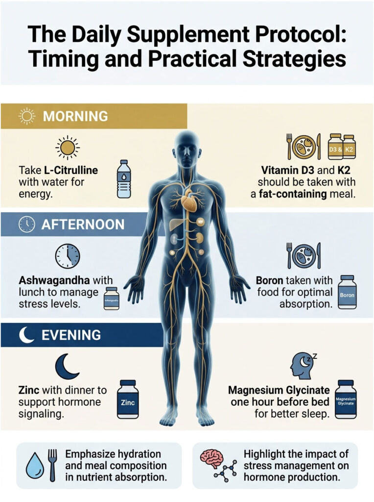 Infographic detailing daily supplement protocol with timings for L-Citrulline, Vitamin D3, Ashwagandha, Zinc, and Magnesium Glycinate.