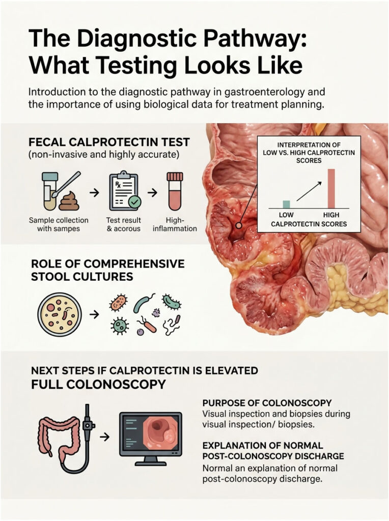 Infographic explaining the diagnostic pathway in gastroenterology with tests and procedures for calprotectin levels.